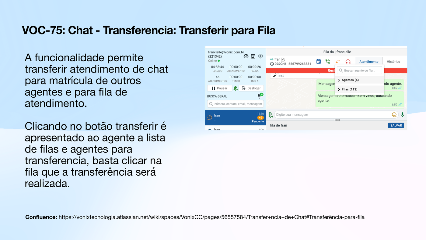 Transferência de atendimento de chat para fila ou agente